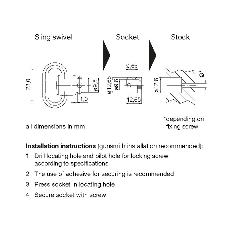 Hylsa Rembygelfäste 2 st / set Ø 9,5 x 1,0 mm, svart, trästock, låsbar EN STL