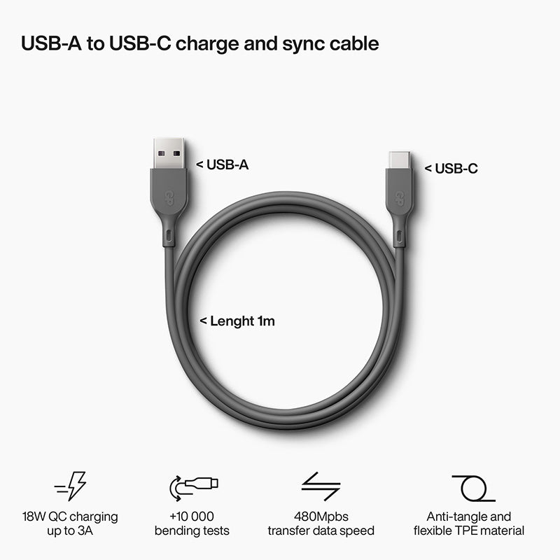 USB-Kabel USB-C till USB-A, 1 meter GRÅ / 1 M