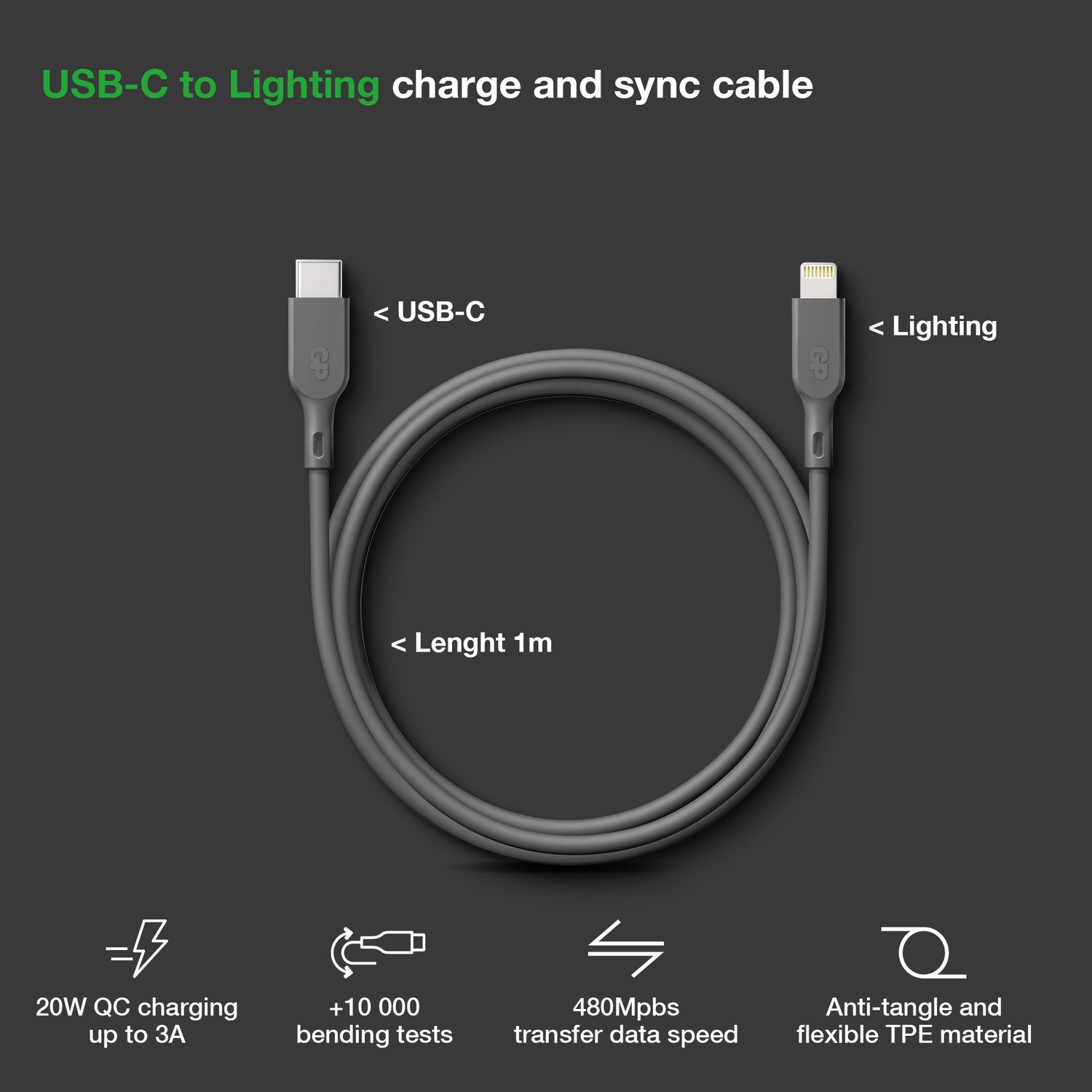 Essential Cable USB-C to Lightning GRÅ / 1 M