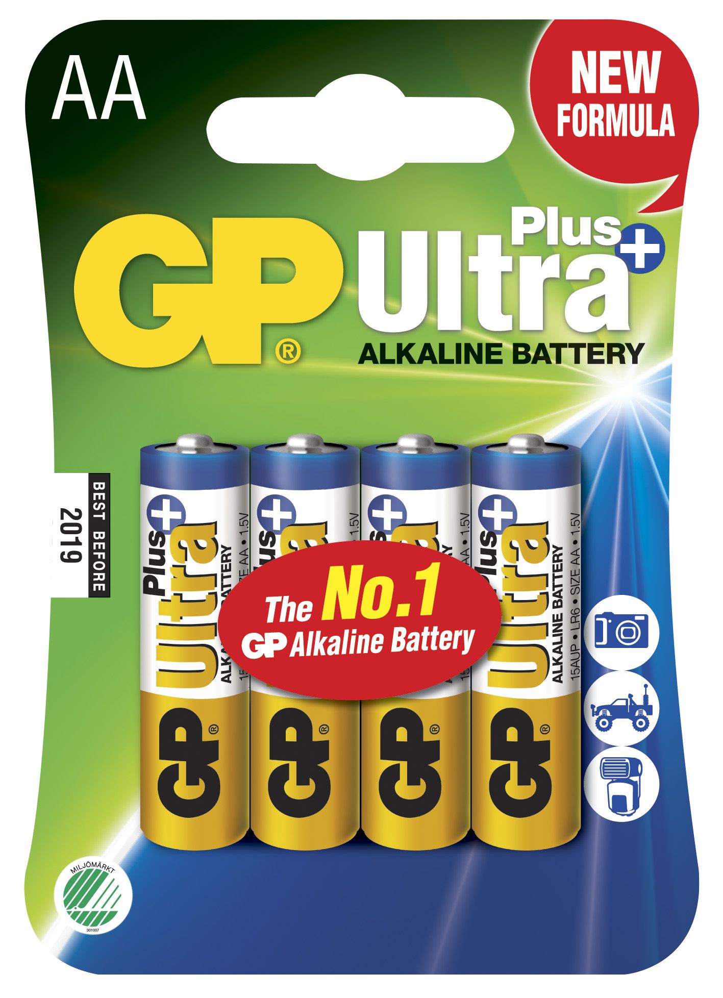 Ultra Plus Alkaline AA-batteri, 15AUP/LR6, 4-pack GUL/VIT / EN STL