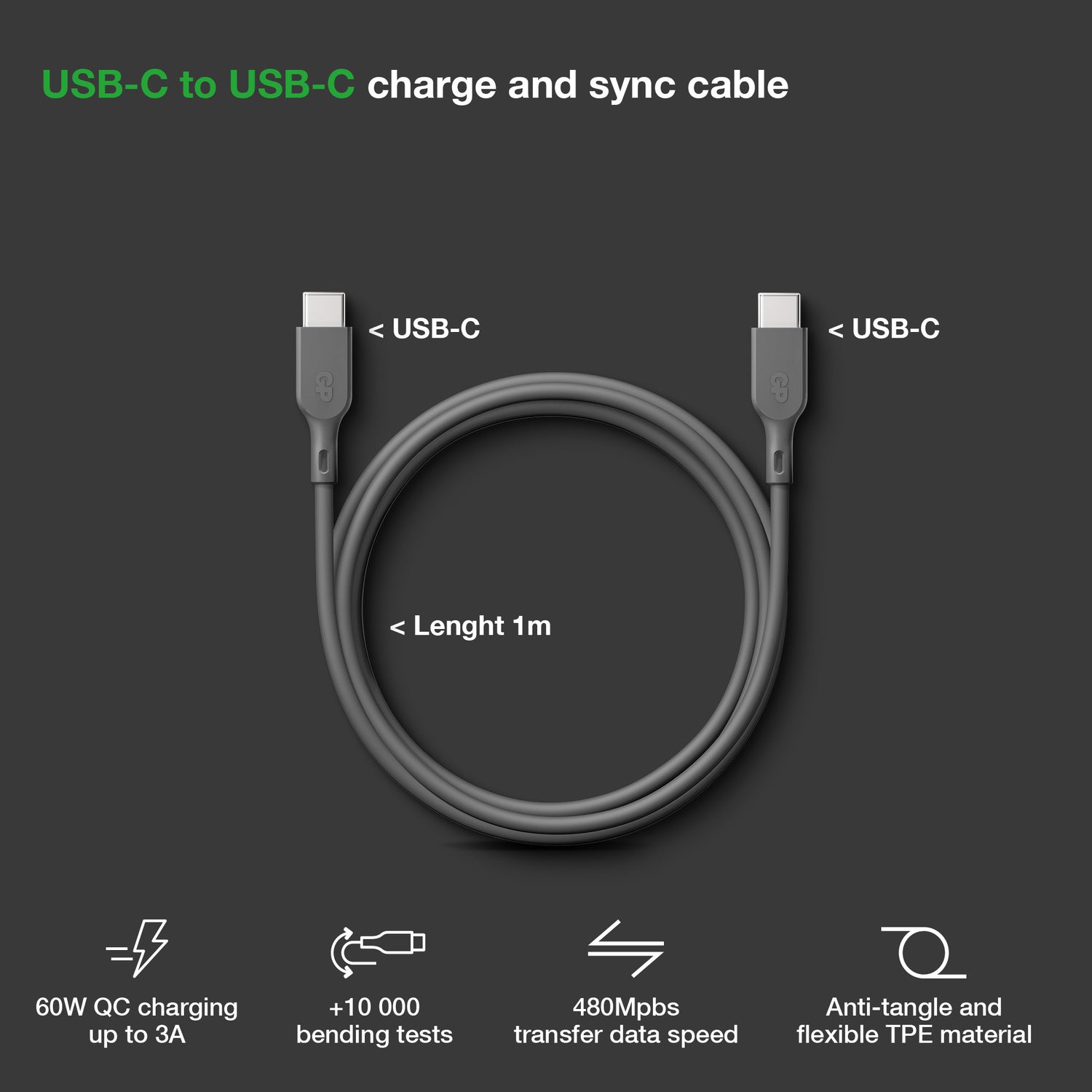 Essential USB-kabel CC1P, USB-C till USB-C, 60W 1 meter GRÅ / 1 M