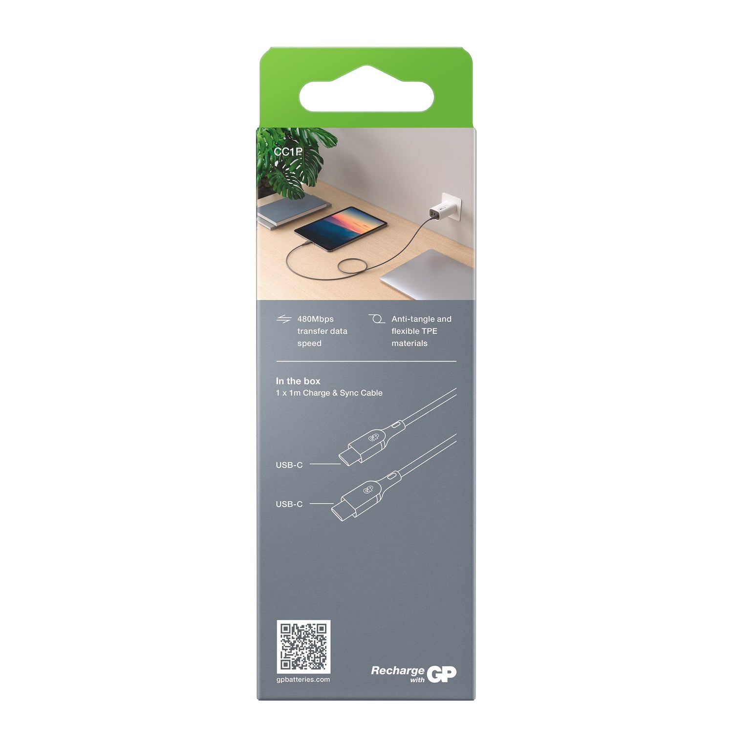 Essential USB-kabel CC1P, USB-C till USB-C, 60W 1 meter GRÅ / 1 M