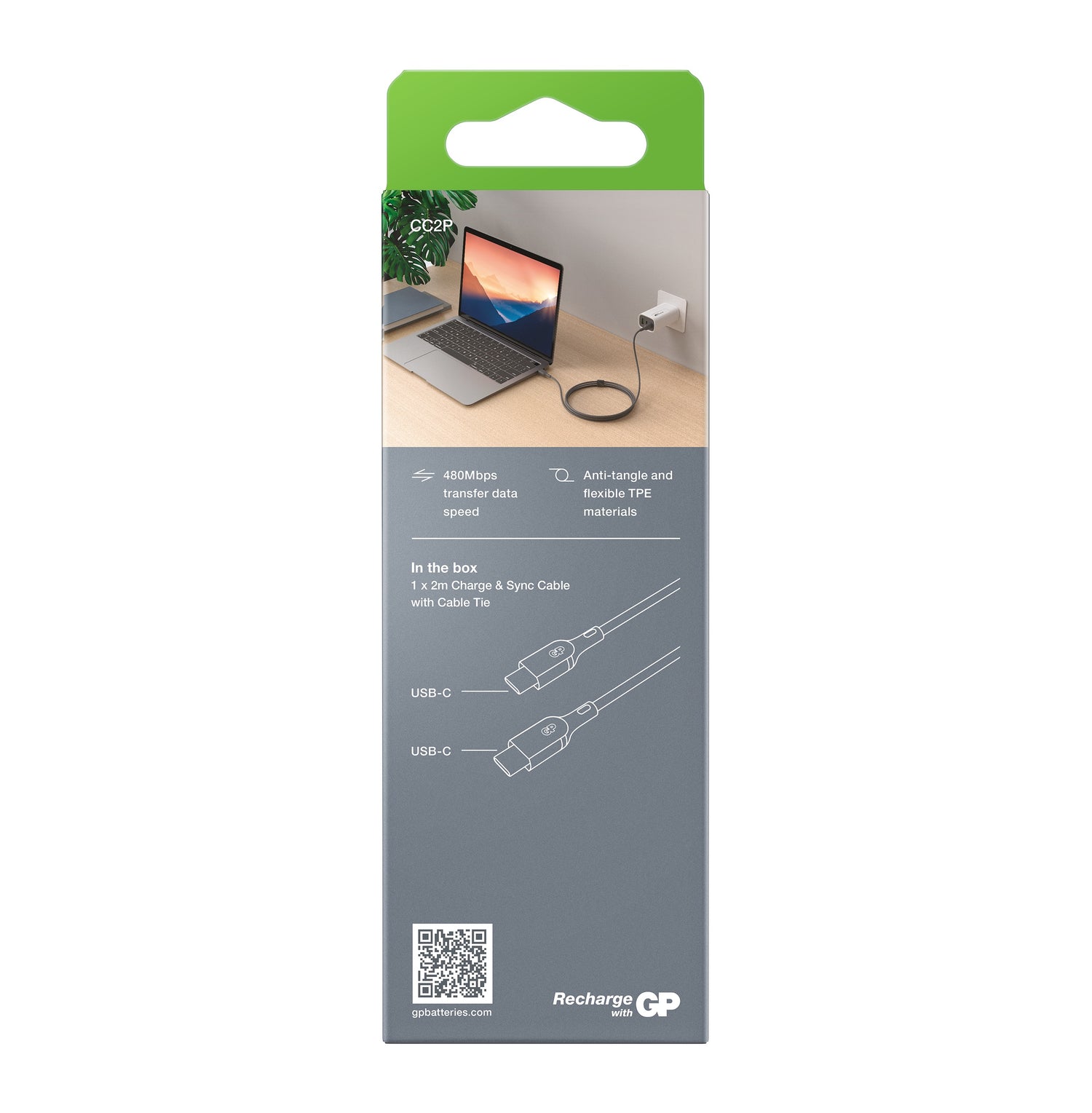 Essential USB-kabel CC2P, USB-C till USB-C 100W 2 meter GRÅ / 2 M