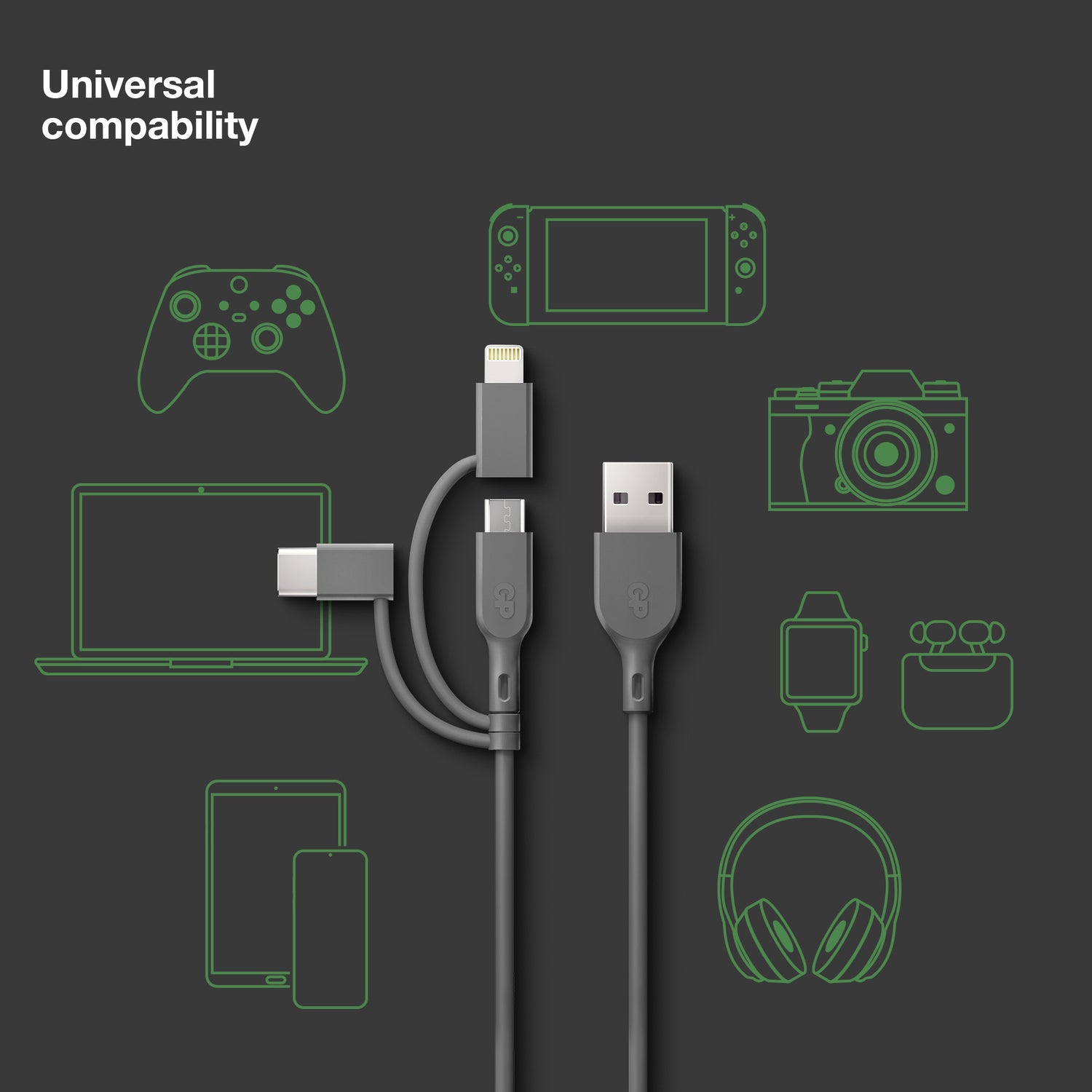 Essential 3-in-1 microUSB,USB-C,Lightning GRÅ / 1 M