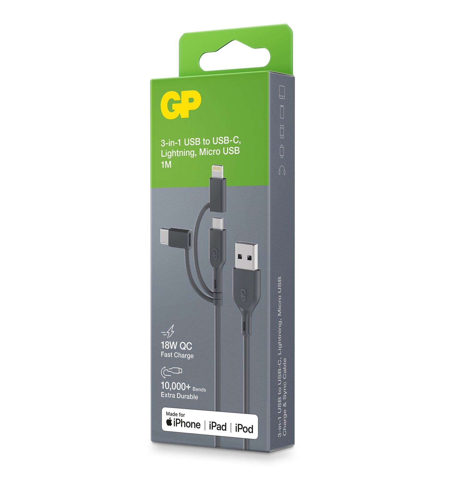 Essential 3-in-1 microUSB,USB-C,Lightning GRÅ / 1 M