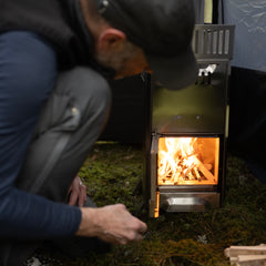 Kamin med glaslucka för te.x Bastutält EN STL