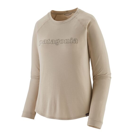 Women's L/S Cap Cool Trail Graphic Shirt OUTLINE TEXT LOGO: PUMICE / XS